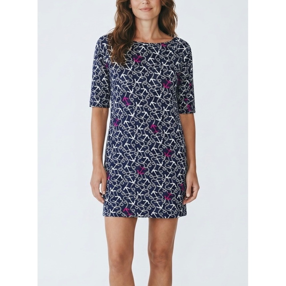 Lilly Pulitzer Navy Blue Anchor Rope Print Cotton Shift Dress Nautical Small